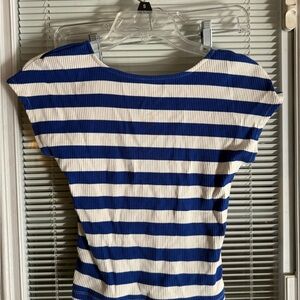 J. Crew White and Blue Fitted Cap Sleeve Tee